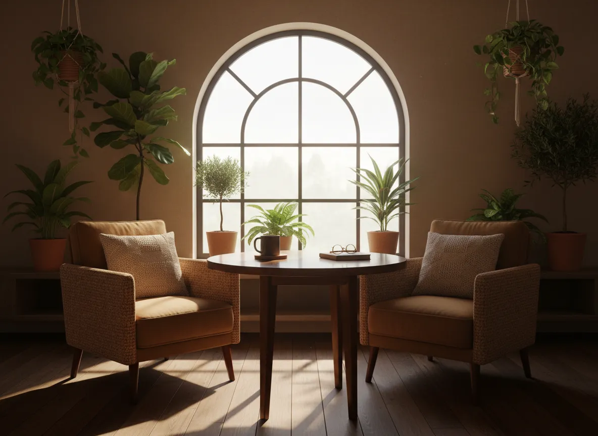 Cozy cafe interior with natural daylight and wooden tables