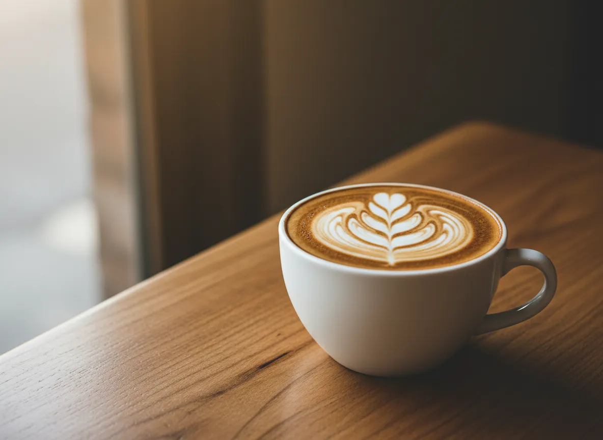 A beautiful latte art creation on a wooden table