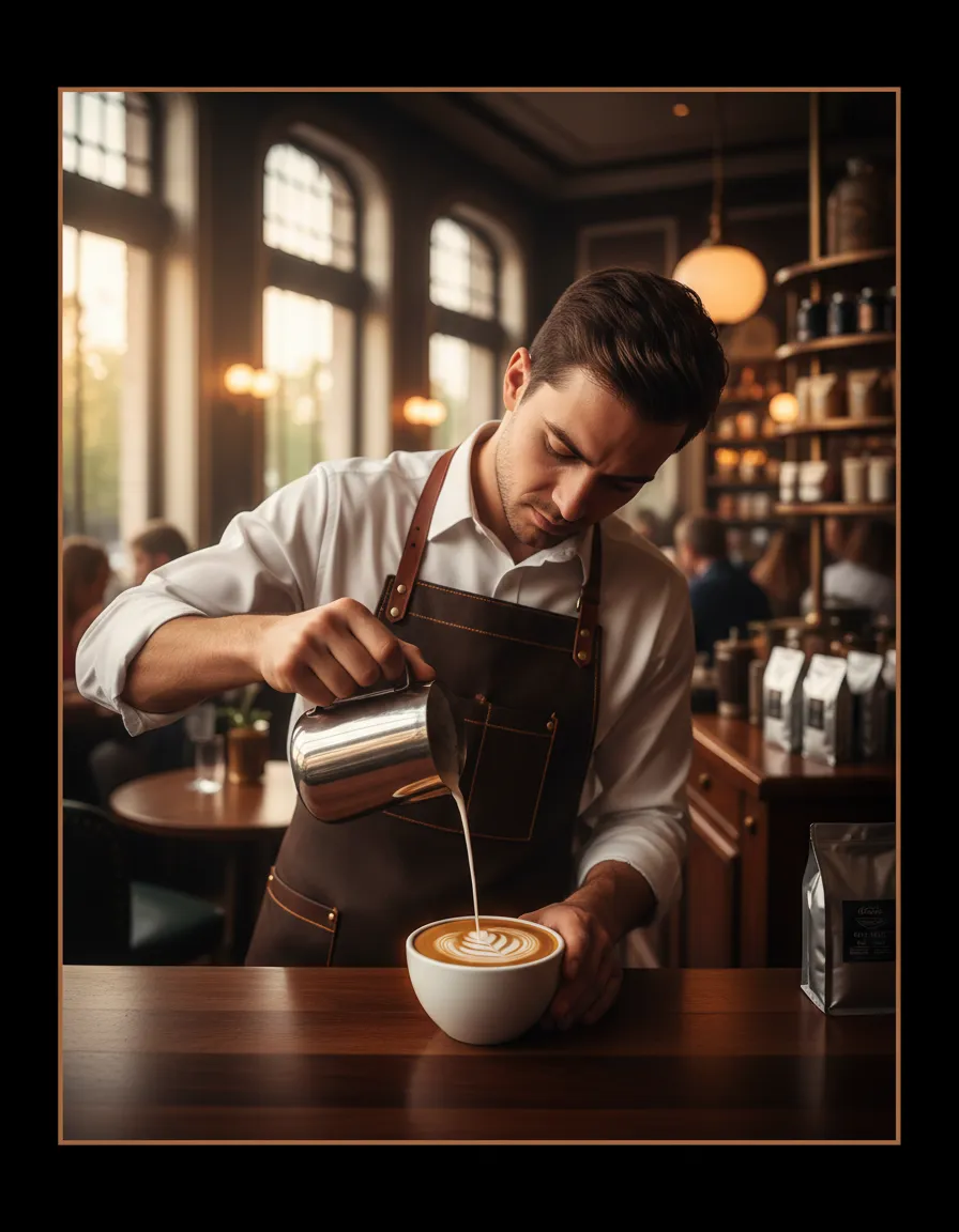 A barista preparing a seamless coffee order at BrewAura Cafe