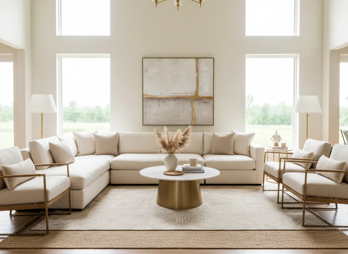 Beautifully staged living room with gray sofa and rustic decor