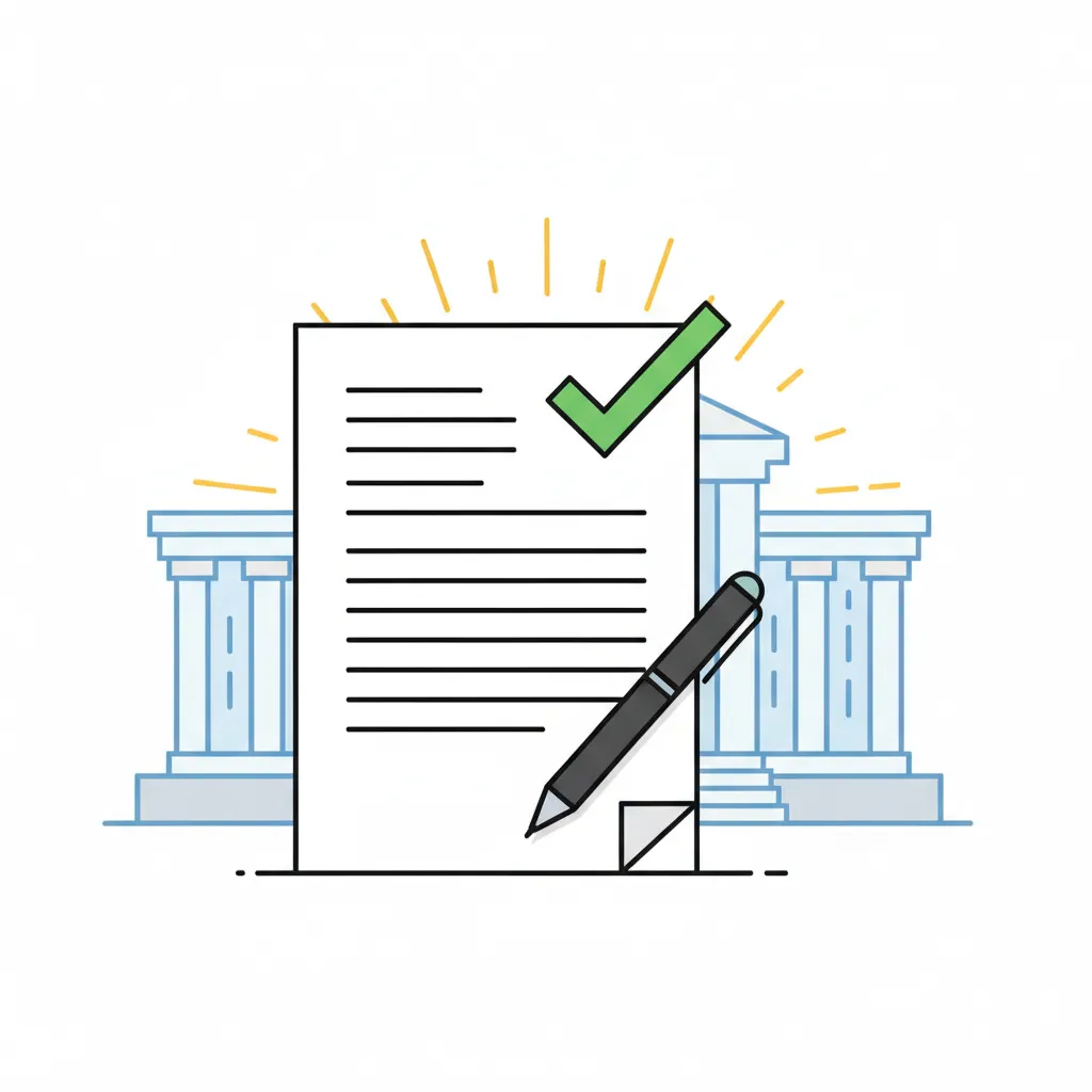 A vector illustration of a completed report with a green checkmark, a pen, and a city council building in the background. The image conveys successful implementation and readiness for official review.