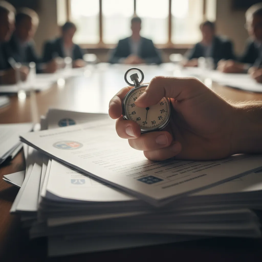 A close-up of a hand holding a stopwatch over a stack of municipal documents, with a blurred background of a meeting room. The image emphasizes speed and precision in community-relations risk assessment.