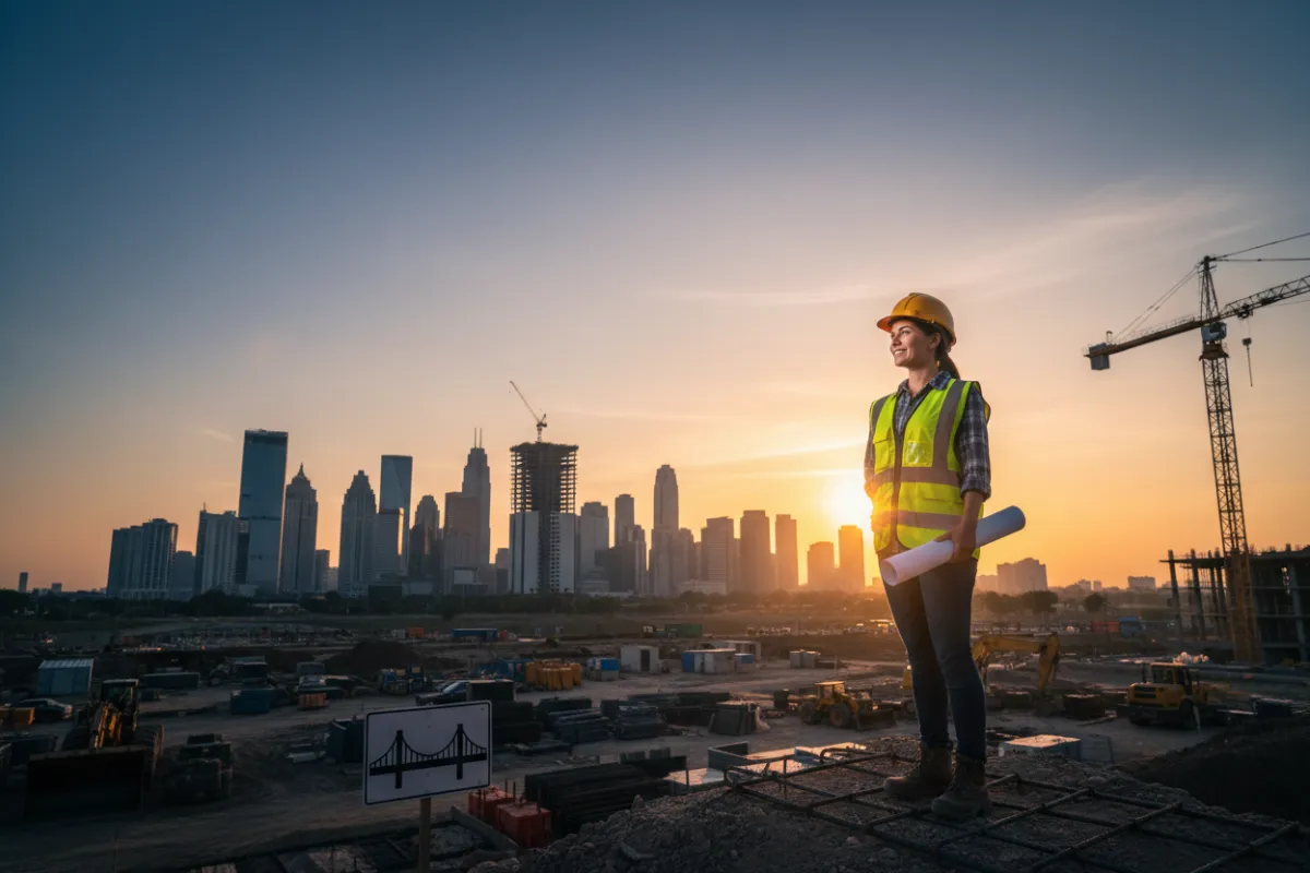 A confident project manager standing on a construction site at sunrise, holding a rolled-up set of plans and looking toward a city skyline. The image conveys optimism, readiness, and forward momentum for community-facing projects.