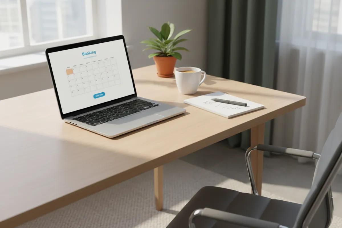A professional workspace with a laptop open to a calendar booking page, a notepad, and a cup of coffee. The setting is modern and inviting, with natural light and a focus on digital scheduling for project briefings.