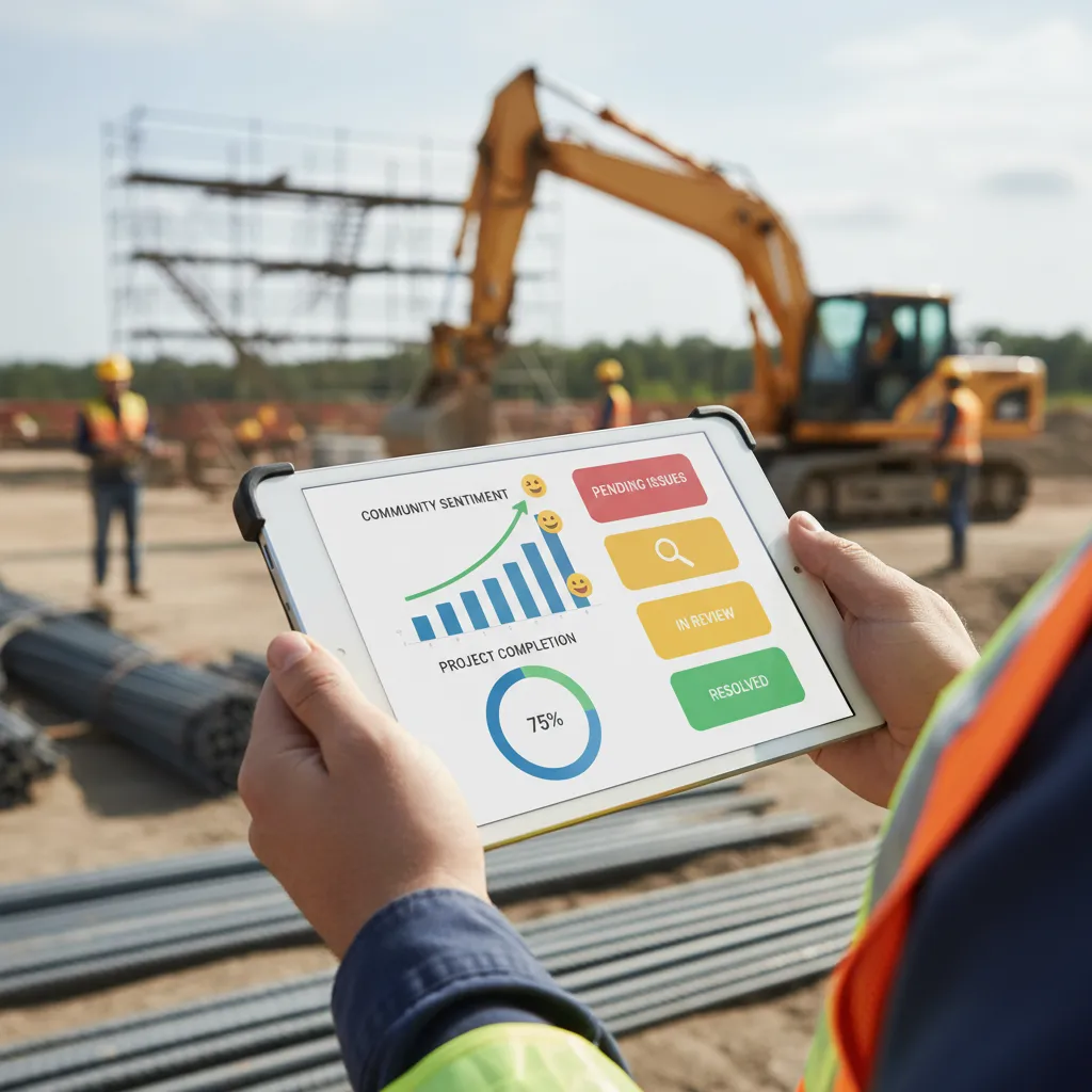 A digital dashboard displaying real-time community feedback, project updates, and resolution status, viewed on a tablet held by a professional in a field vest. The background shows an active construction site, blending technology with on-site action.
