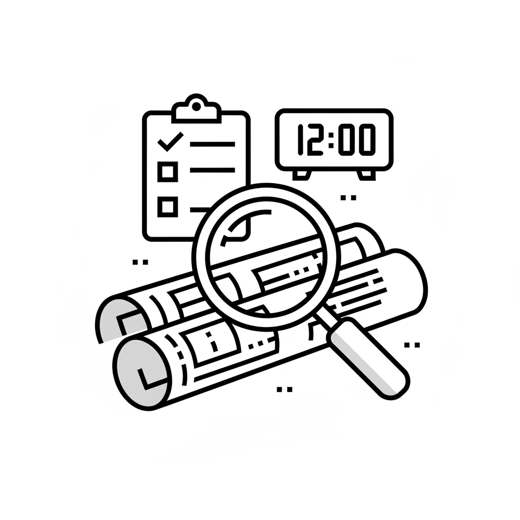 A vector image of a magnifying glass over a set of architectural plans, with a checklist and a digital clock in the background. The composition suggests rapid, expert assessment of project documents.