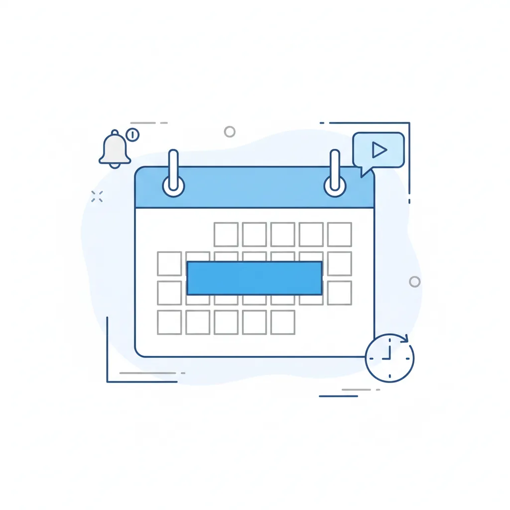 A stylized vector illustration of a calendar with a highlighted 20-minute slot, surrounded by digital notification icons. The design is clean, with blue and neutral tones, representing the booking process for a project briefing.