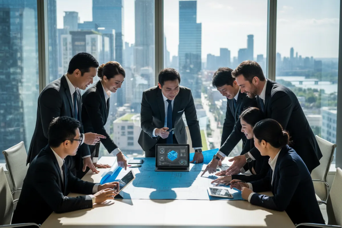 A diverse group of data-center project managers and city liaisons in business attire, gathered around a table with blueprints and digital tablets, in a modern, sunlit conference room. The background shows a cityscape through large windows, emphasizing collaboration and urban development.