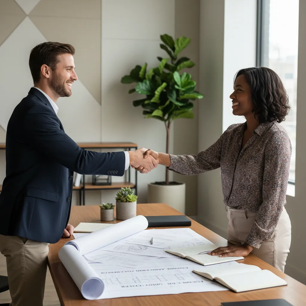A project manager and a local resident shaking hands across a table, both smiling, with project plans and community feedback forms visible. The setting is a well-lit office with plants and a welcoming atmosphere, symbolizing mutual respect and transparency.