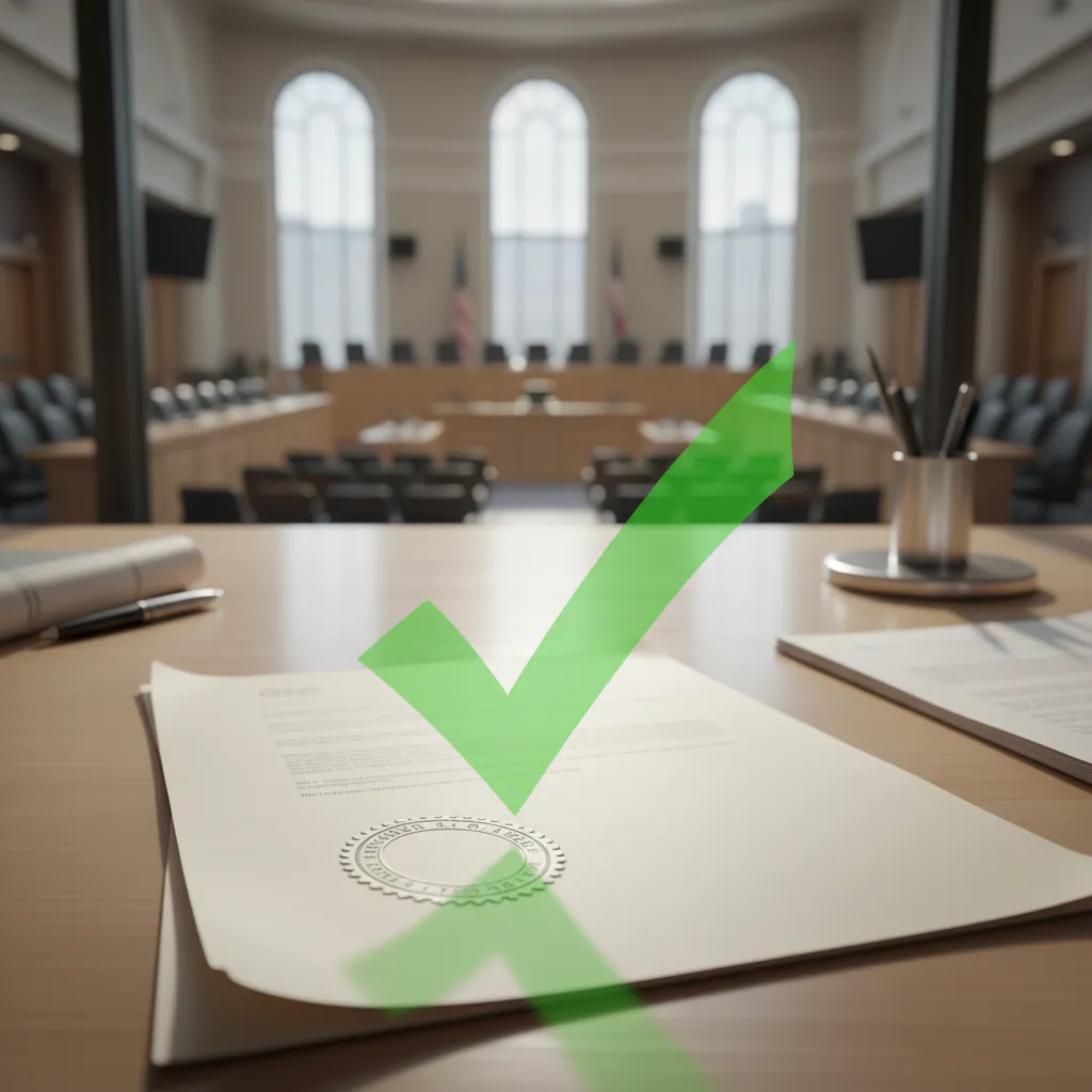 A stamped approval document on a clean desk, with a green checkmark overlay and a blurred city council chamber in the background. The scene highlights successful project approval and compliance.