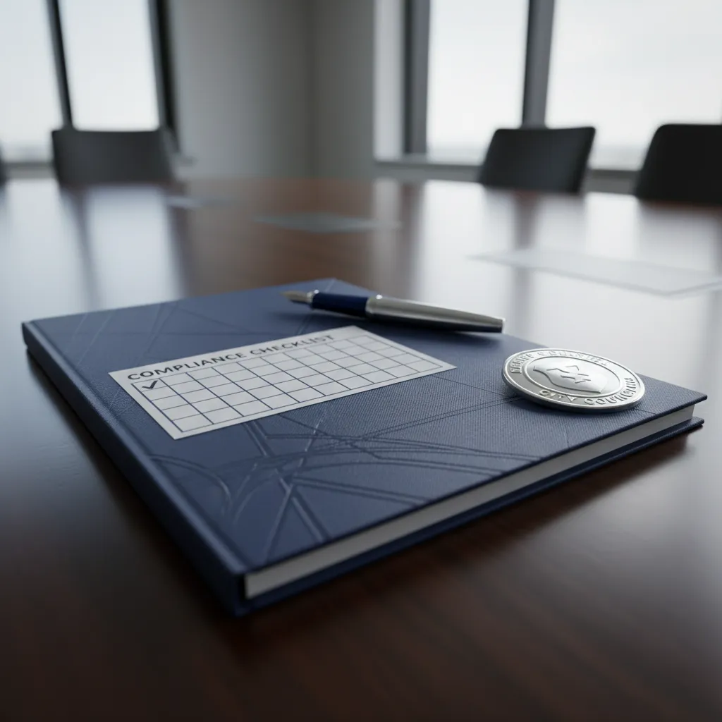 A council-ready report with a blue cover and a compliance checklist, placed on a table with a pen and a city council badge. The image highlights professionalism and readiness for official review.
