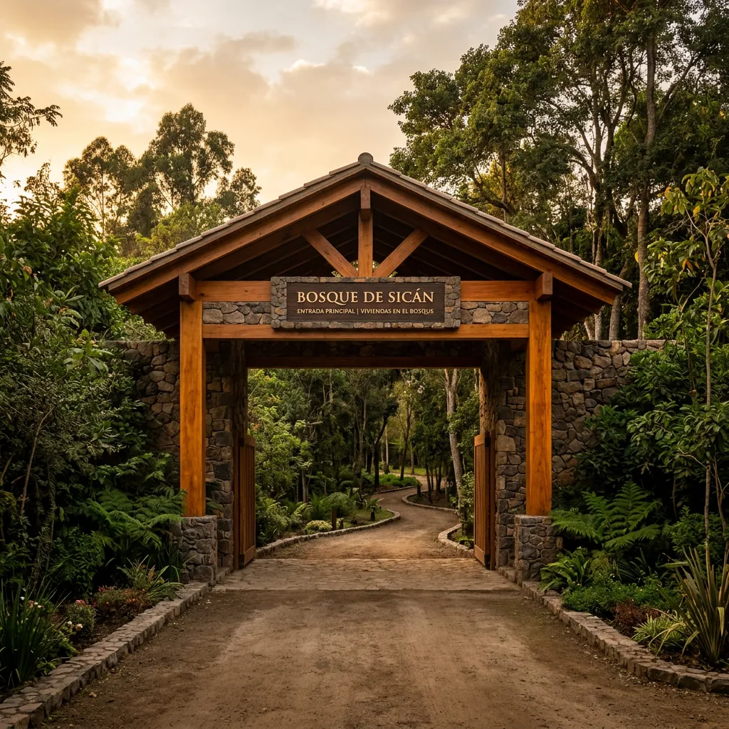 Pórtico de ingreso y entorno natural de Bosque de Sicán con diseño orgánico y vegetación nativa