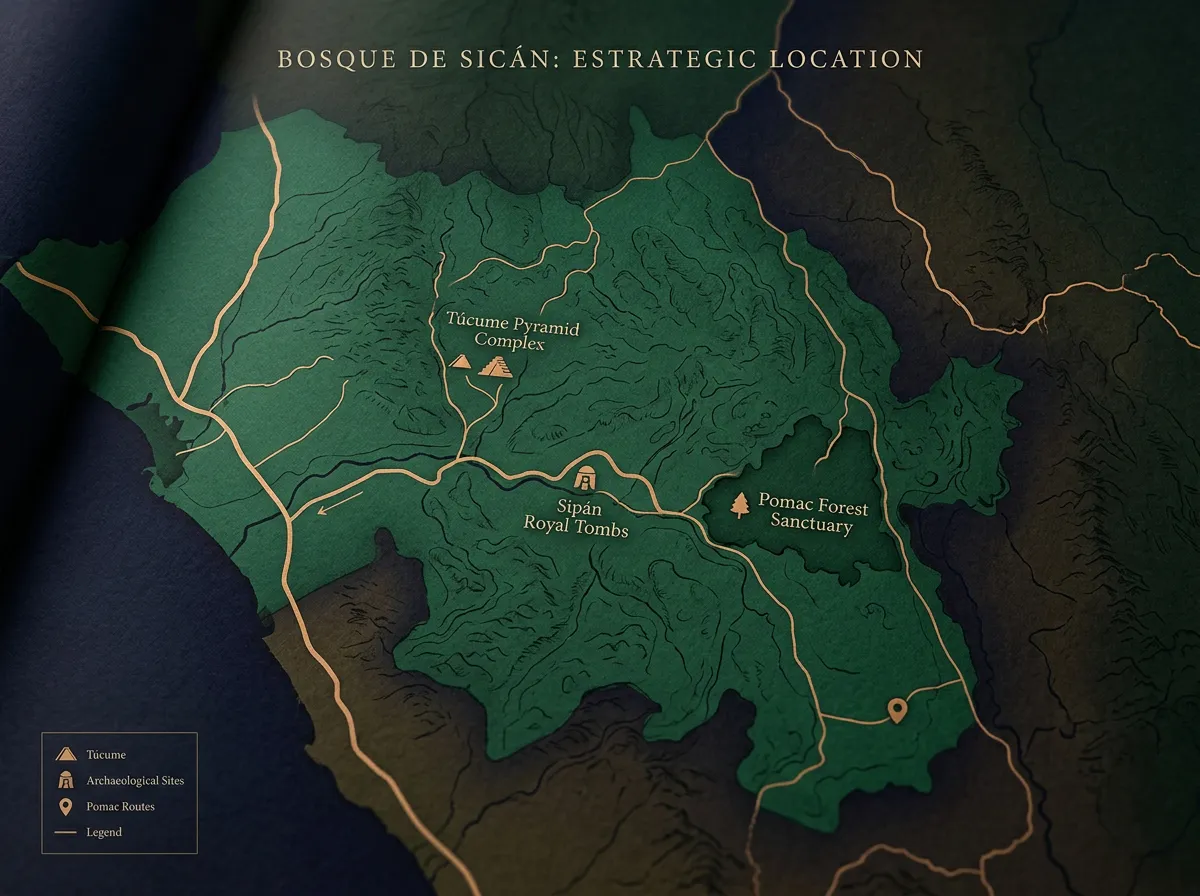 Mapa estilizado de ubicación estratégica de Bosque de Sicán en Chiclayo Lambayeque