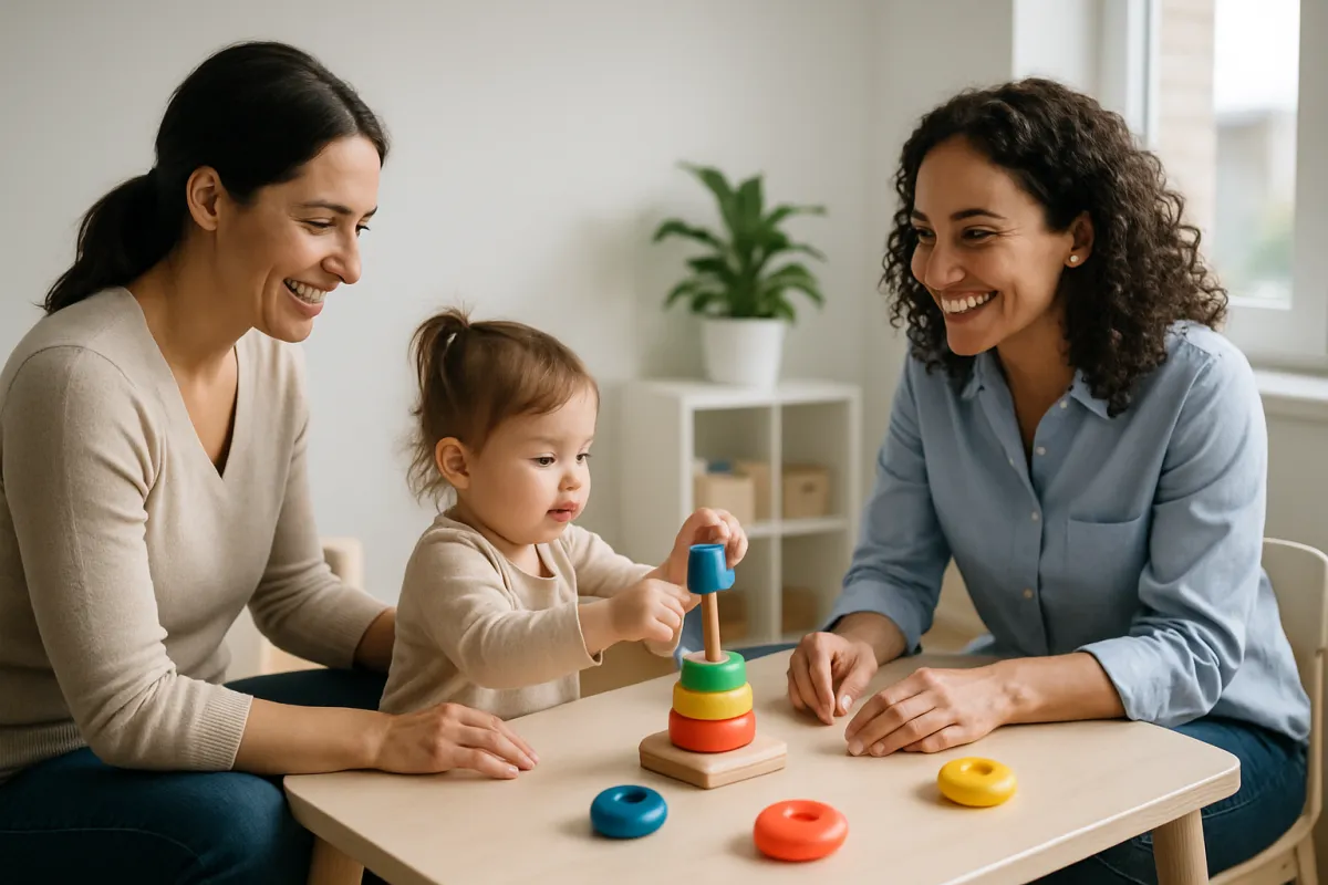 Madre y niño pequeño en juego guiado con terapeuta pediátrica en una sala de terapia luminosa, enfatizando calidez, confianza y atención centrada en la familia.