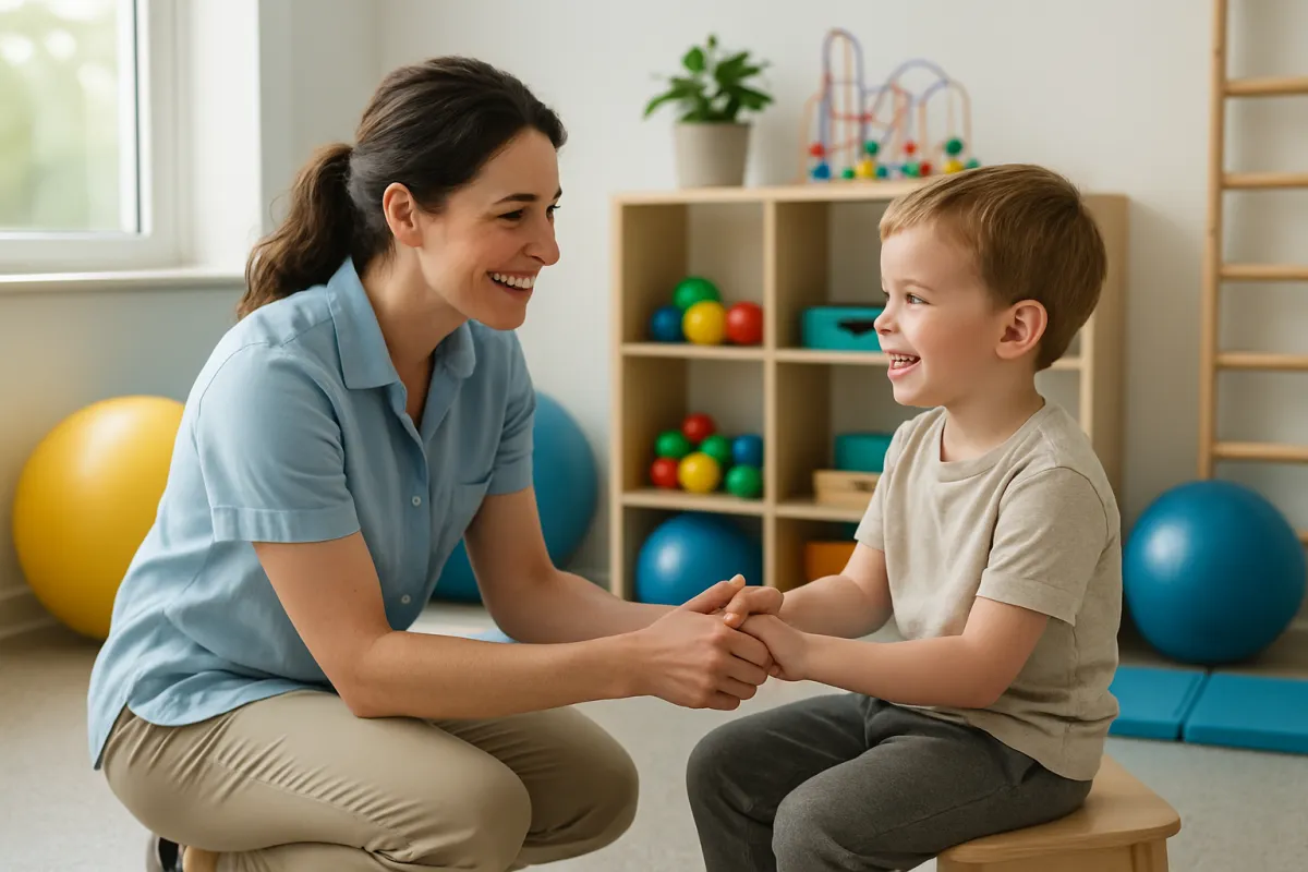 Terapeuta pediátrica interactuando con un niño en una sala de terapia luminosa