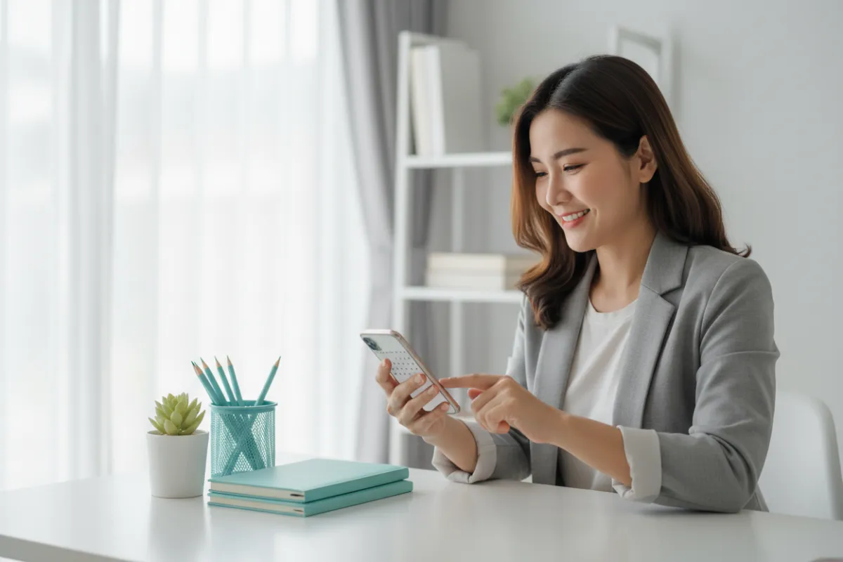 A small business owner sits at a tidy desk in a bright, modern office, using a smartphone to schedule a consultation. Aqua-coloured stationery and a potted plant add fresh accents. The scene conveys approachability and ease of contact for prospective clients.