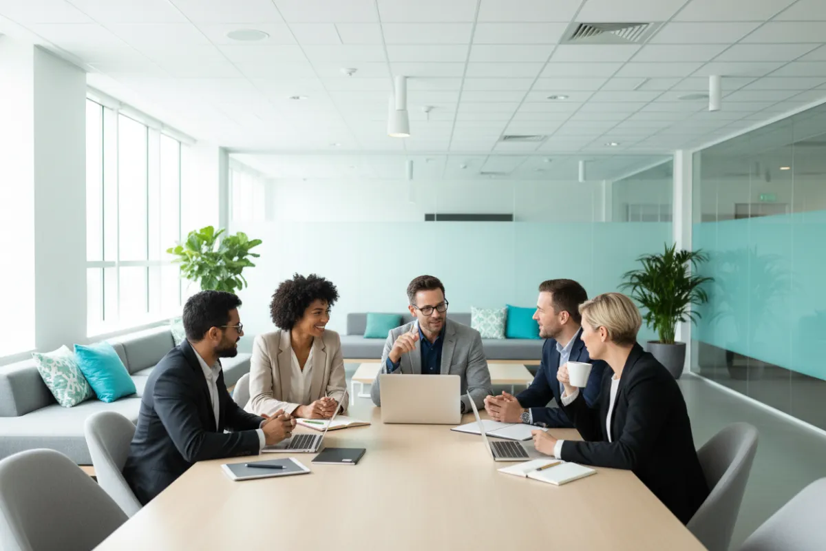 A diverse group of business consultants in smart-casual attire collaborate around a table with laptops and tablets. The office is open, filled with natural light, and features subtle aqua accents. The team’s expressions are focused and friendly, reflecting expertise and approachability.