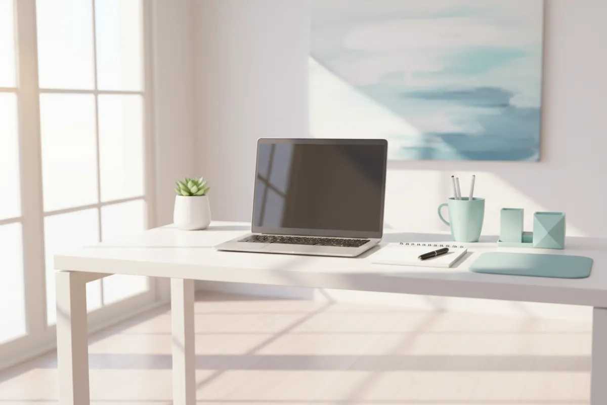 A bright, modern workspace featuring a laptop, notepad, and aqua-coloured accessories on a white desk. Sunlight streams through a large window, casting soft shadows. The scene evokes a sense of clarity and new beginnings, ideal for small business owners seeking professional growth.