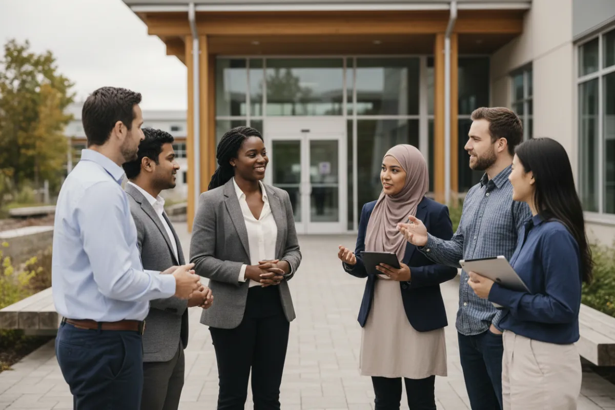 Local professionals chatting outside a community center