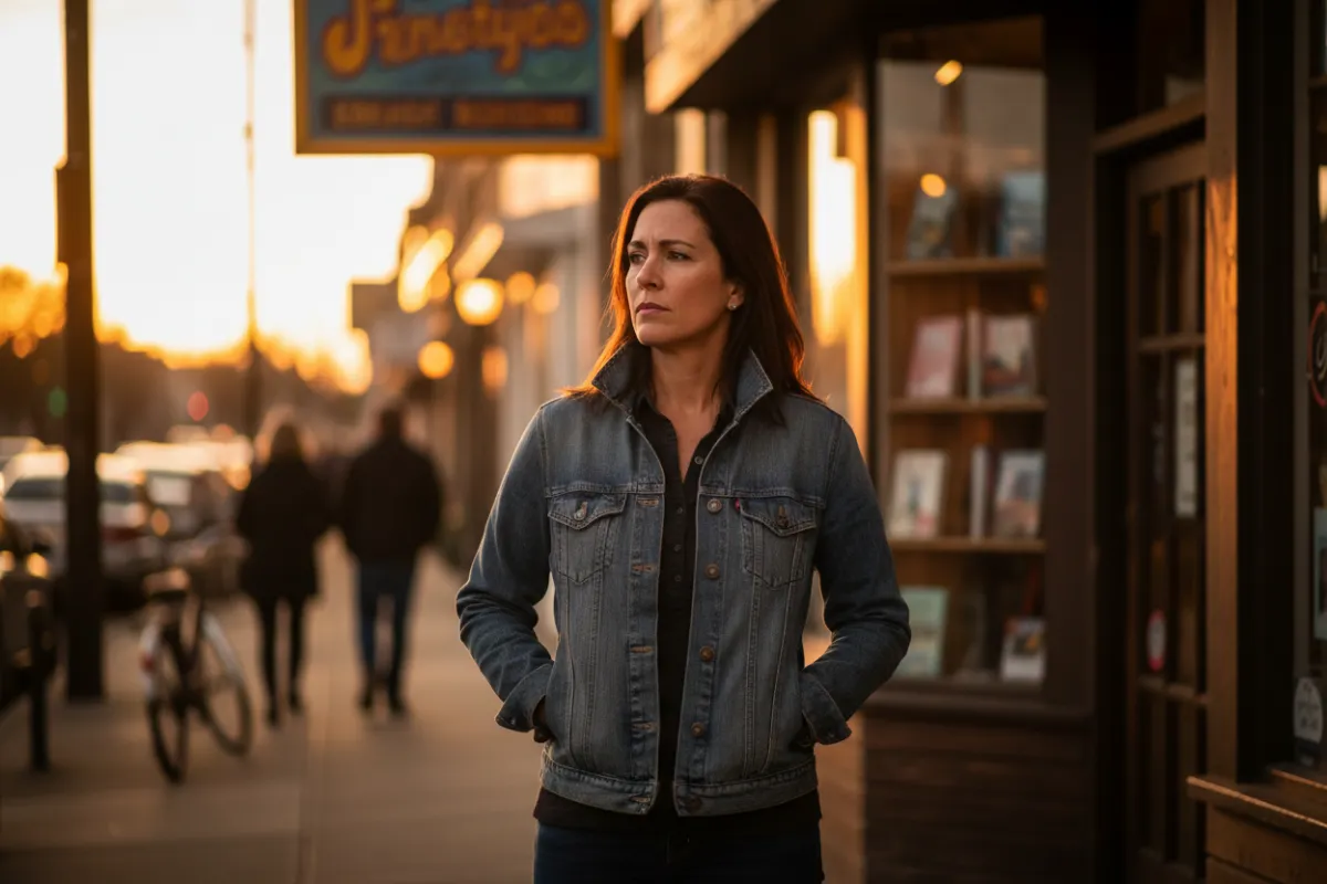 Local small-business owner standing outside a neighborhood storefront at golden hour, thoughtful expression.