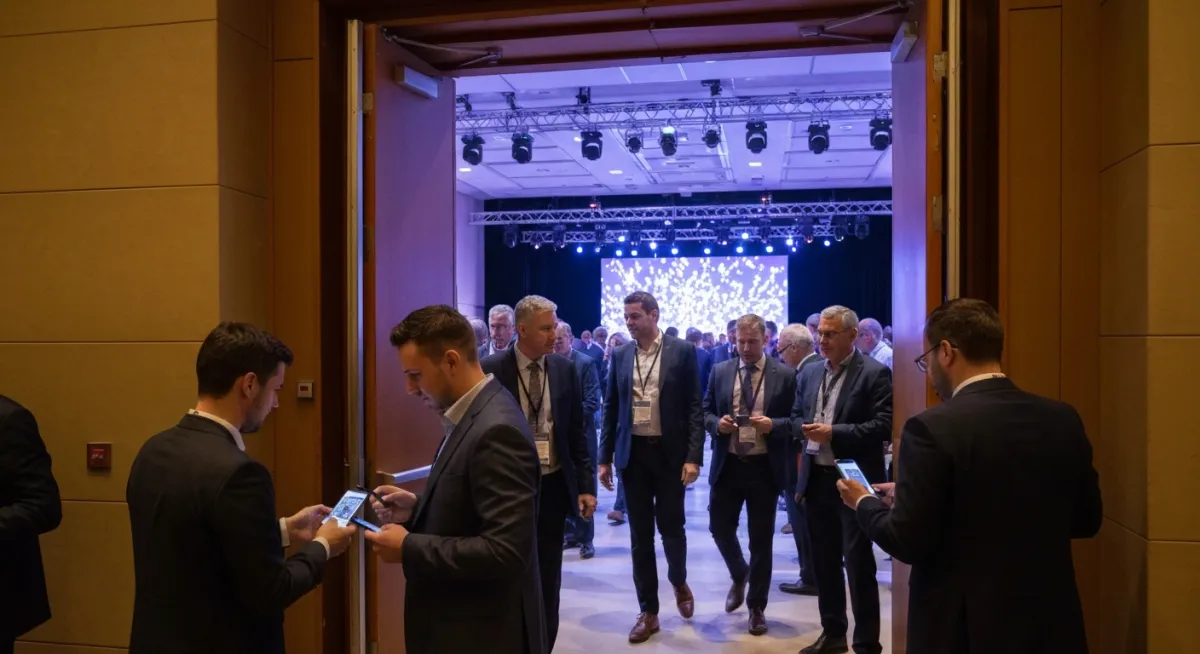 Guests lined up at an auditorium entrance while staff scan QR codes on smartphones; stage and conference lighting visible inside the doors.