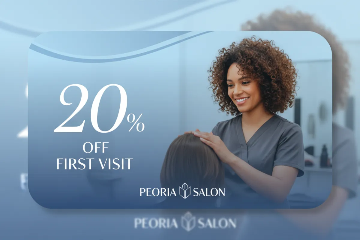A modern digital mockup of a coupon ad for a Peoria salon. The ad uses elegant fonts, a professional photo of a smiling stylist, and a prominent discount offer. The background is a soft blue, and the design is sleek, inviting, and visually distinct from other ads.