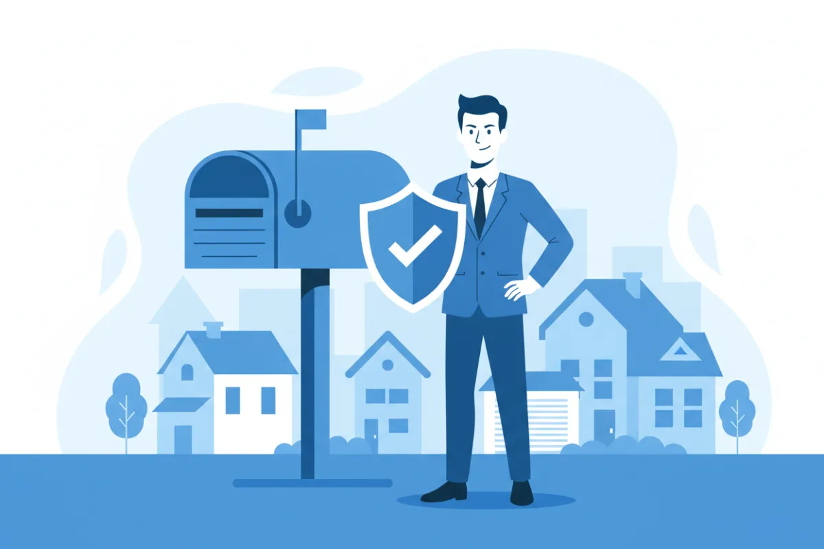 A flat vector illustration of a confident business owner standing in front of a large mailbox, holding a shield with a checkmark. The background is a stylized Peoria neighborhood, subtly hinting at exclusivity with no other business signs visible. The color palette uses blues and whites for a clean, trustworthy look.
