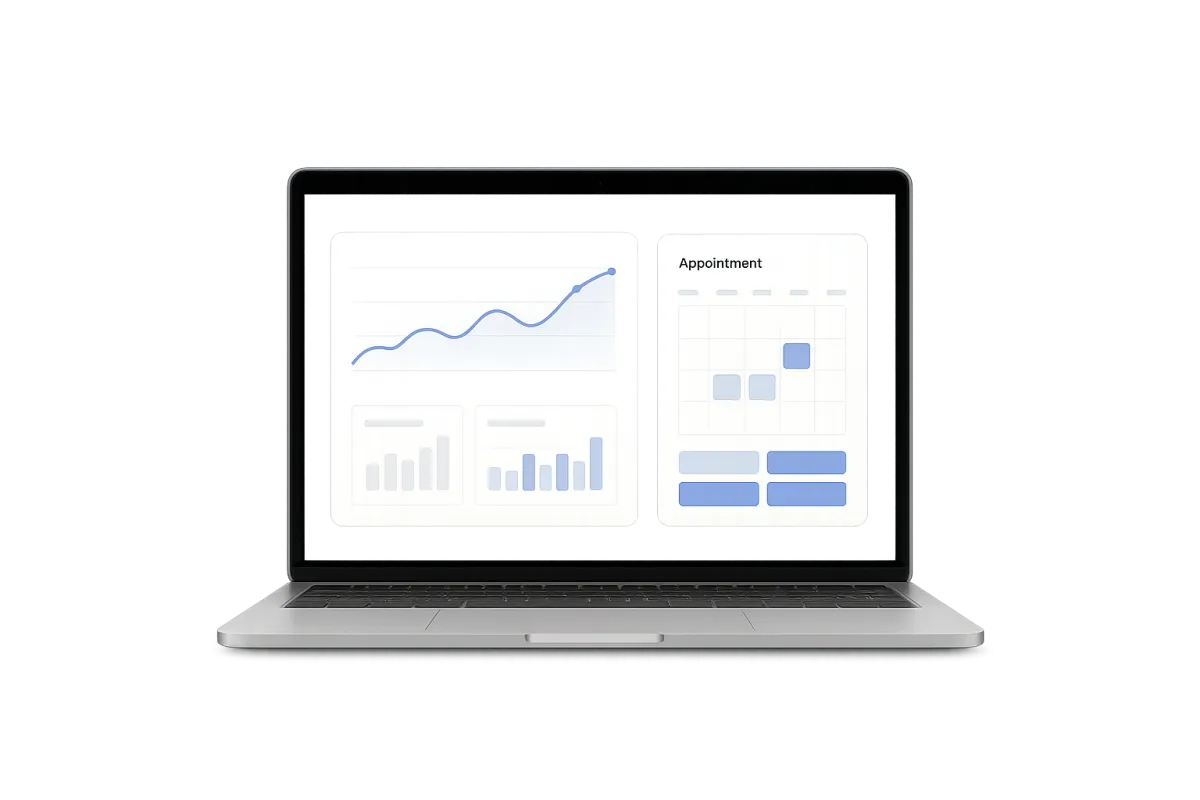 Laptop mockup showing analytics dashboard and appointment bookings widget