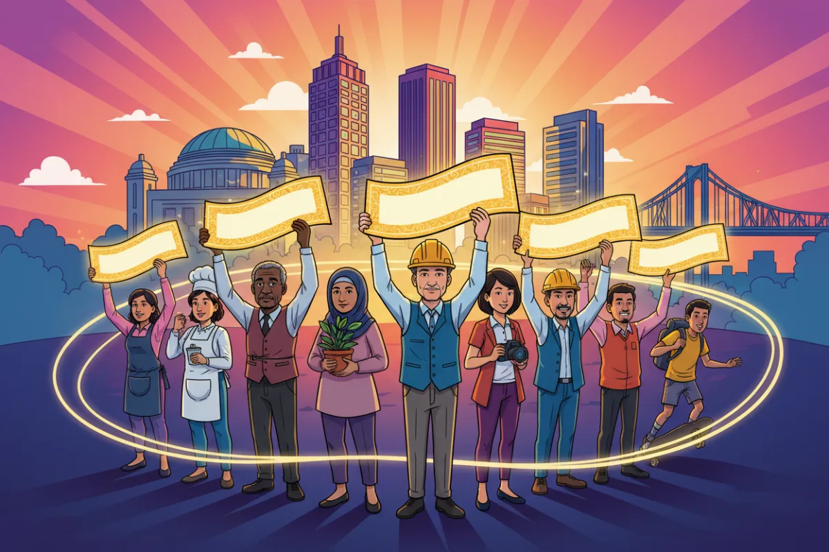 A vibrant digital illustration showing a diverse group of small business owners in Peoria, Illinois, standing together and holding oversized cash coupons. The background features recognizable Peoria city landmarks, with a dynamic, optimistic color palette and a sense of forward momentum. The scene conveys unity, opportunity, and local pride.