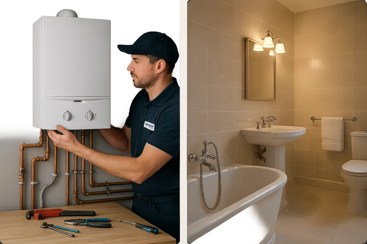 Composite panel displaying certified plumber installing high efficiency Worcester boiler and finished luxury bathroom installation