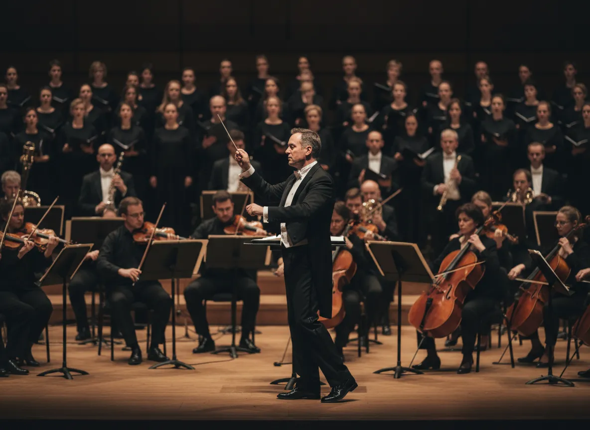Conductor leading orchestra and choir
