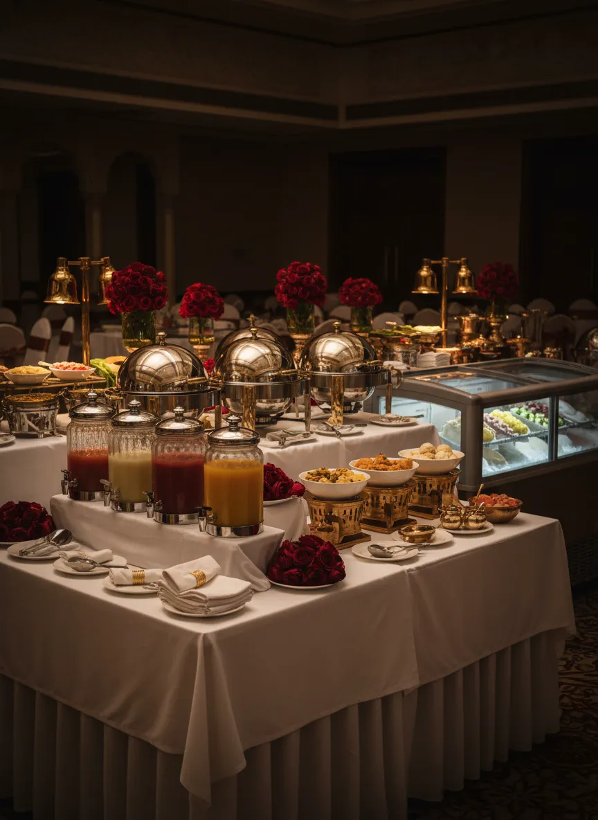 Elegant ice cream and live buffet stall setup showing premium catering excellence