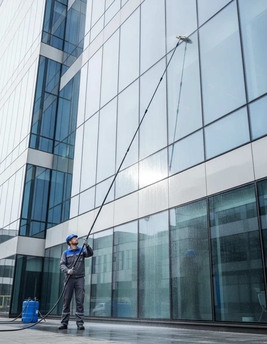 Technician using pure water pole system to clean a multi-storey glass facade