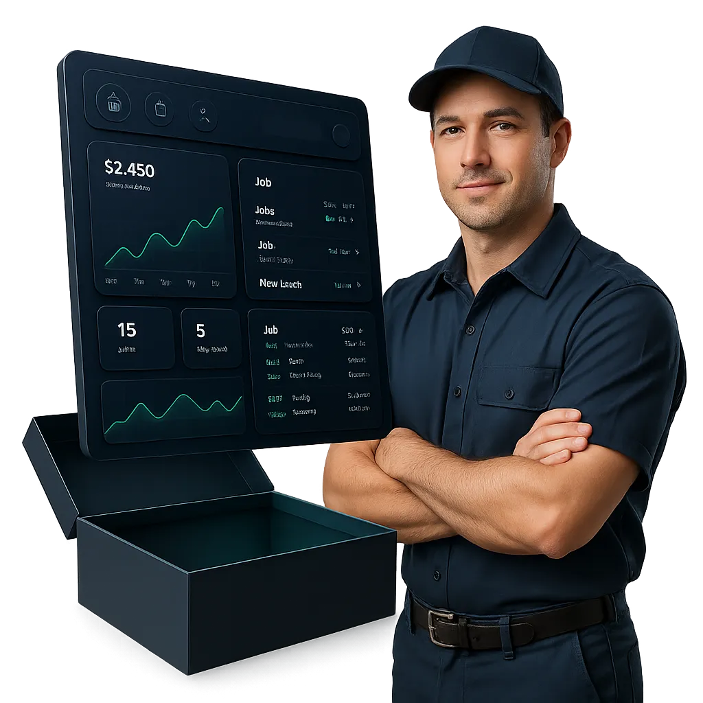 A professional home service contractor beside a digital dashboard floating out of a sleek open high-tech box
