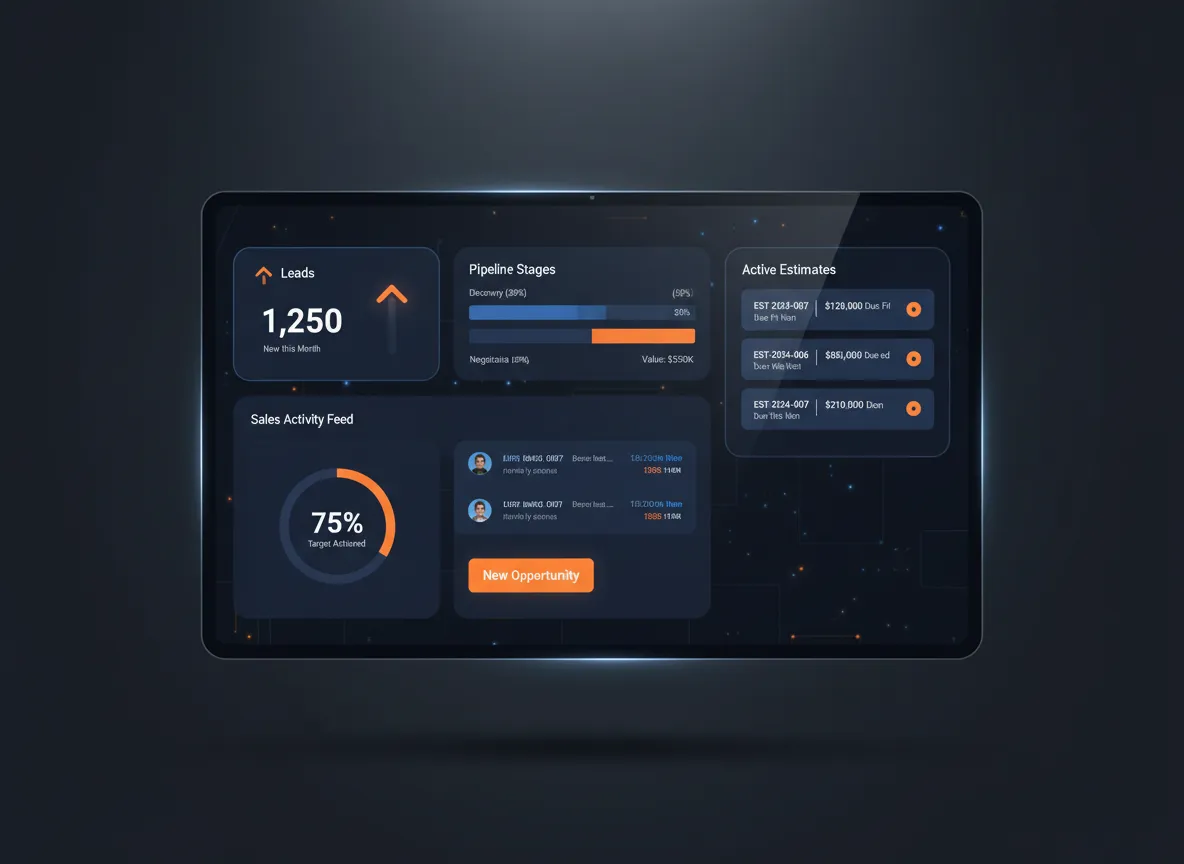CRM dashboard showing leads, pipeline management, and active estimates