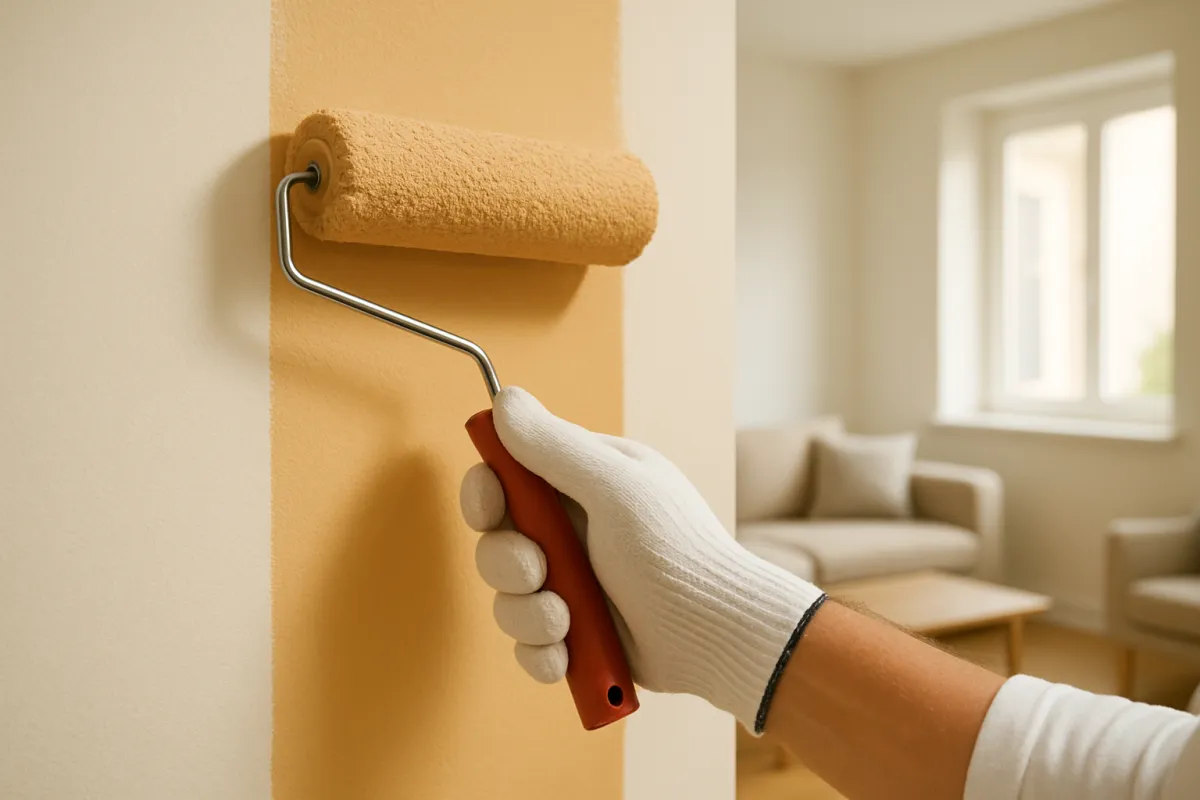 Painter rolling warm beige paint on an interior wall