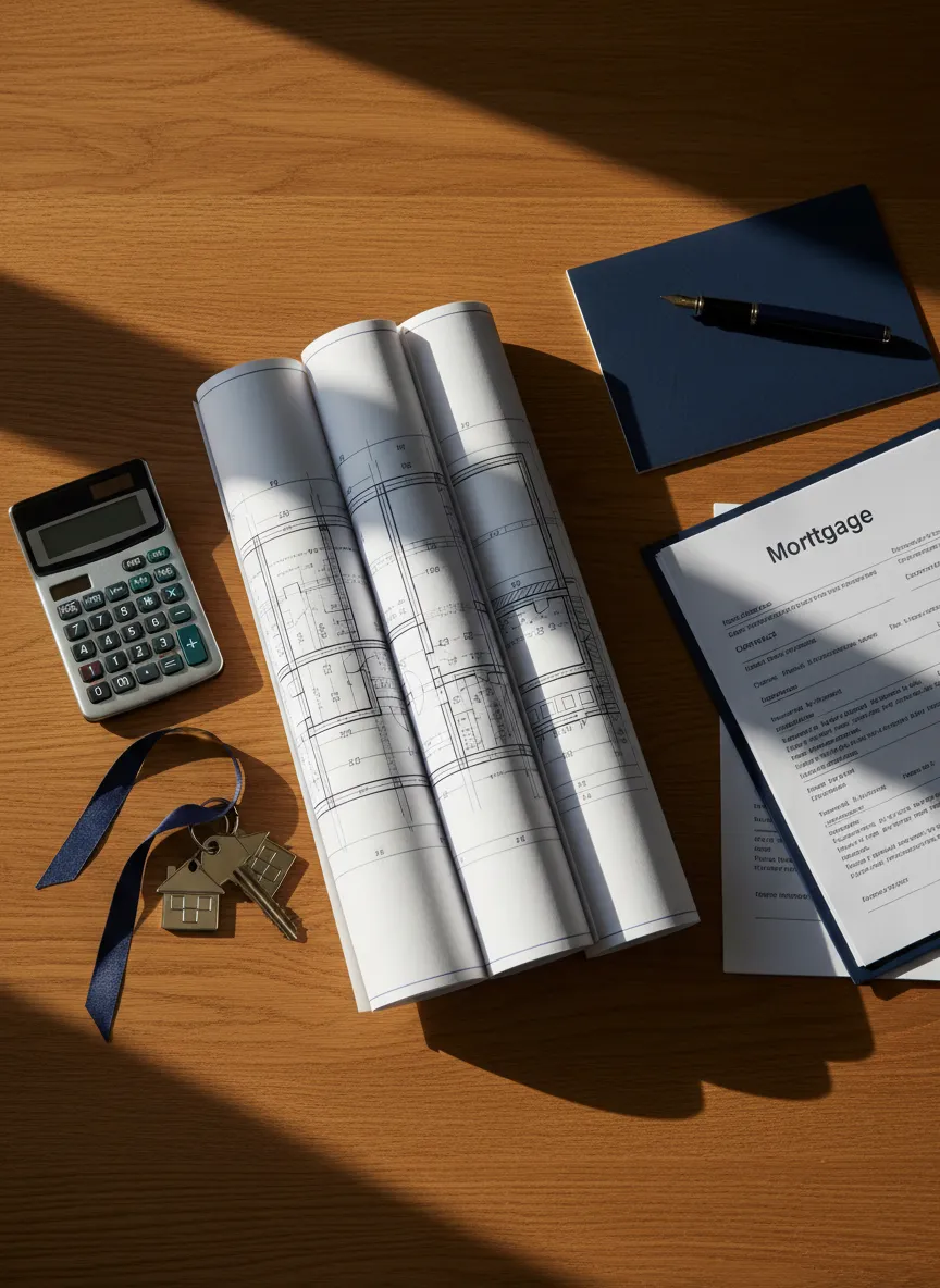A modern, editorial-style photo of paperwork on a warm wood table representing the mortgage maze