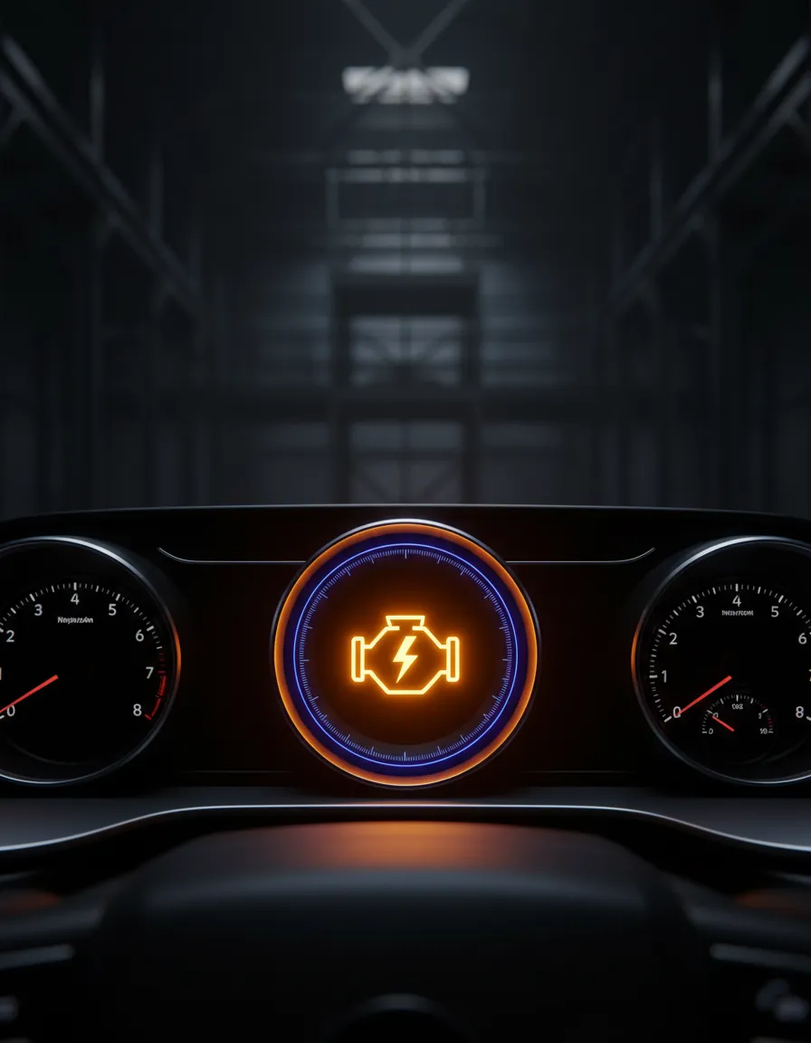 Glowing check engine light on a dark dashboard