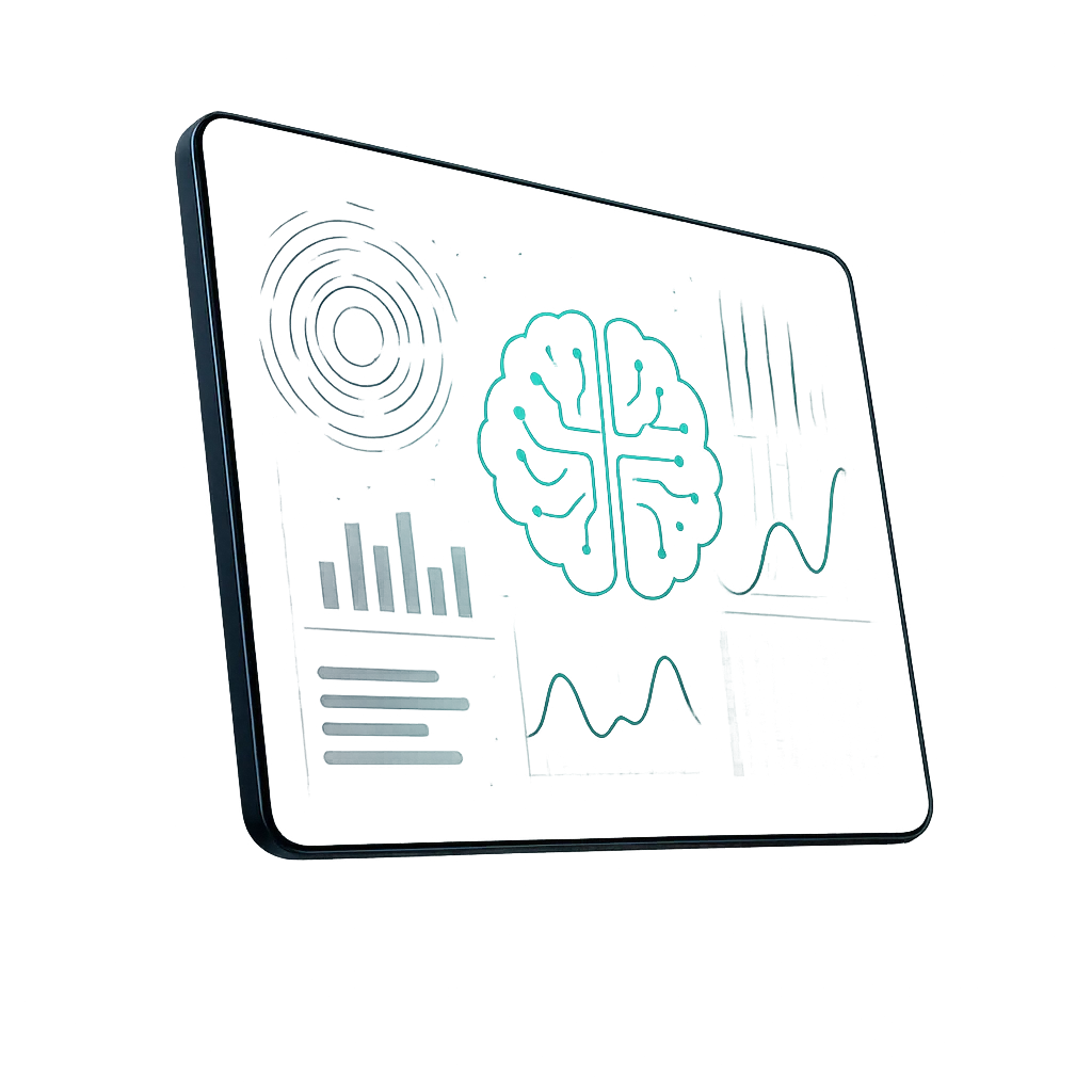 3D Device Mockup showing AI Dashboard