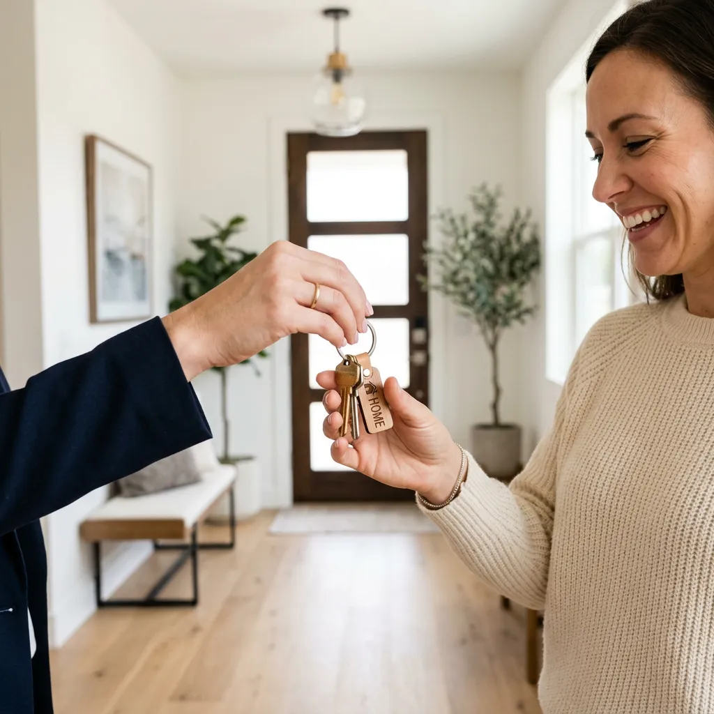 Proud military veteran holding keys to a new home outside front door