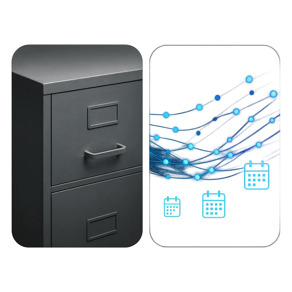 Visual before and after comparison of old dormant database transforming into booked calendar appointments