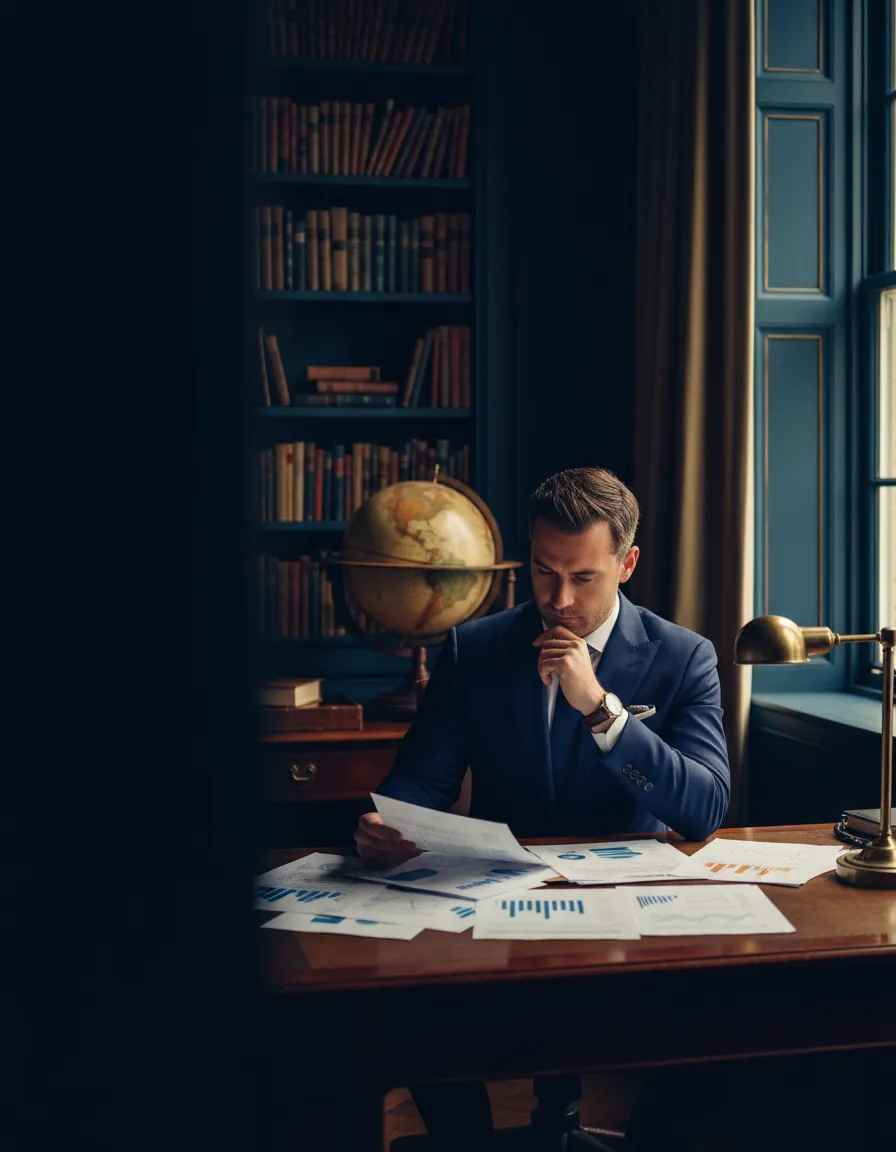 Profesional frustrado revisando documentos financieros complejos