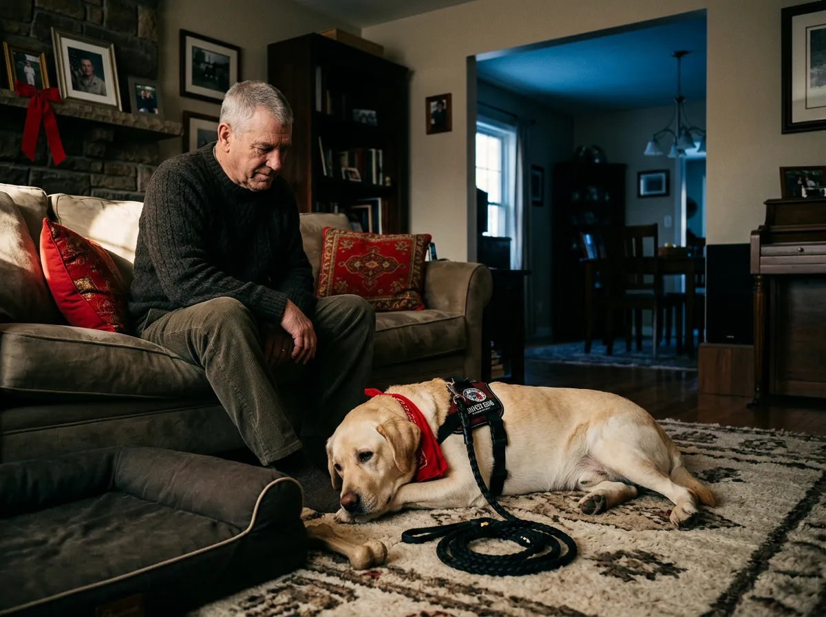 Calm service dog lying contentedly beside a veteran in a domestic home environment showing family integration