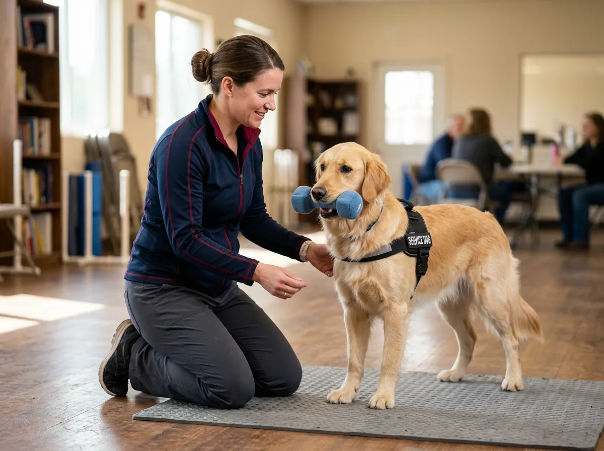 Professional trainer guiding a service dog through task-oriented focus drills in an open training setting