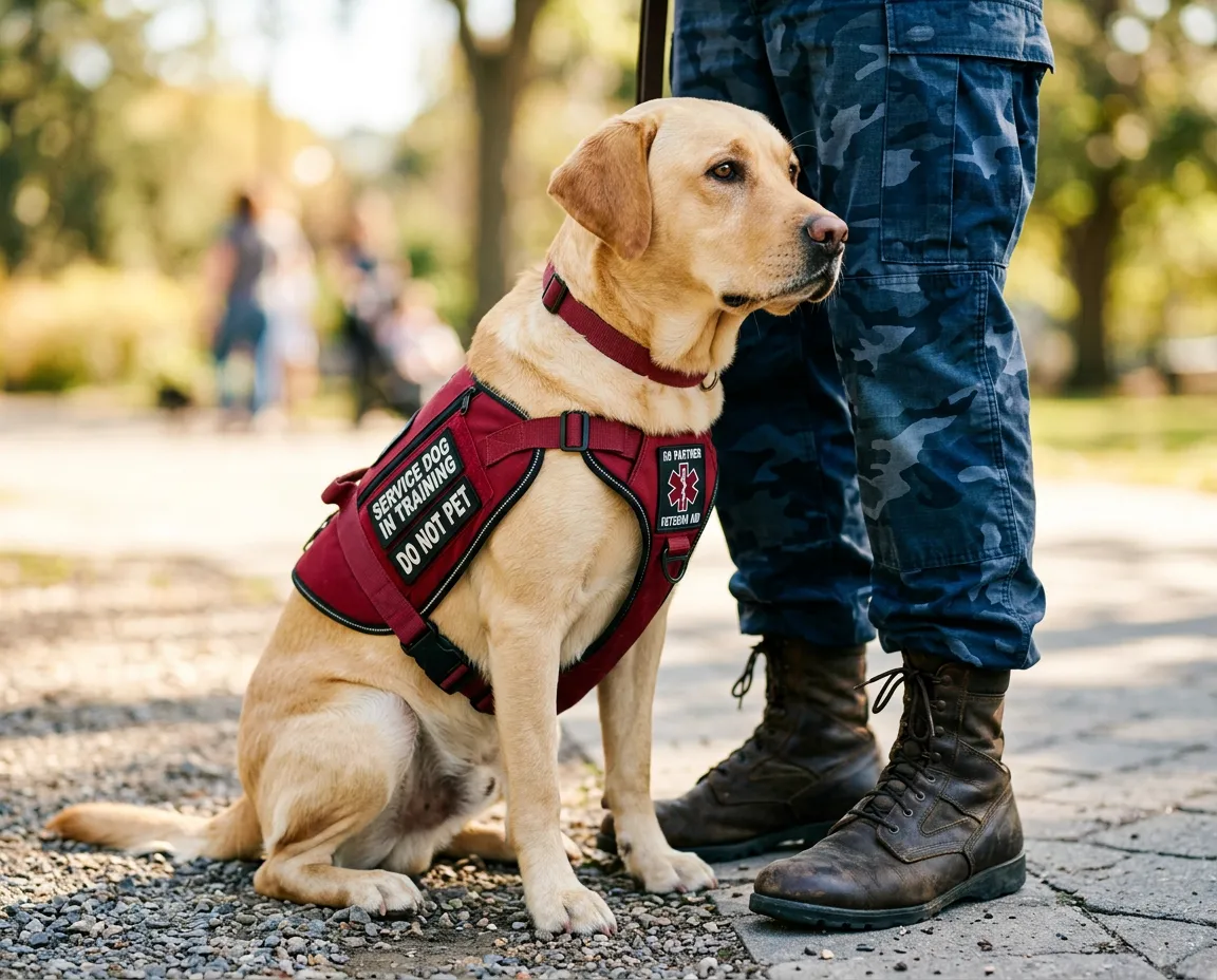 Semper K9 service dog walking alongside a military veteran outdoors in everyday life