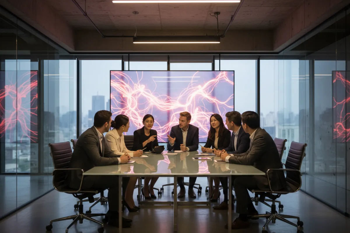 Professional photo of a diverse group of marketing professionals in a modern training room, engaging with an AI-powered presentation on a large screen. The setting is energetic, with red and lavender accents, and participants are focused and collaborative.