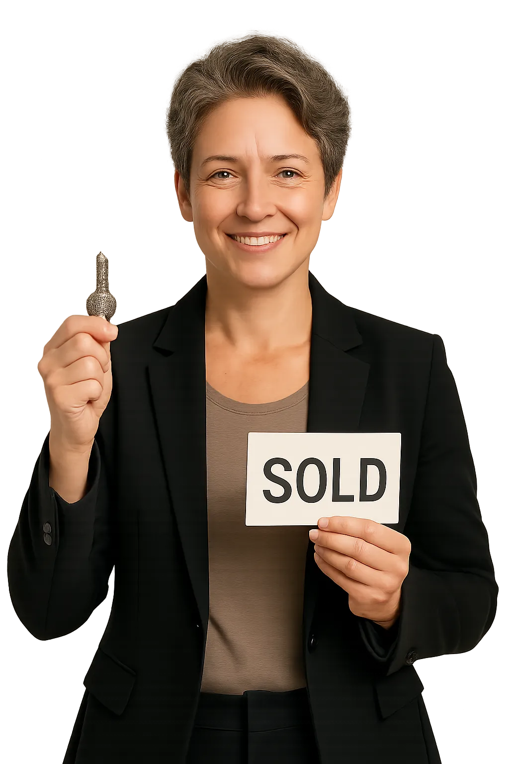 A confident middle-aged woman stands isolated, holding a house key and a small sign reading 'Sold', smiling directly at the camera. The image is on a pure white background with no props or supporting elements, emphasizing her empowerment as a home flipper.