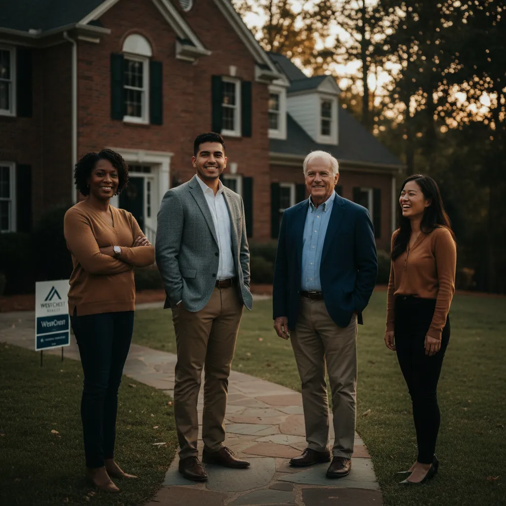 Portrait of four local WestCrest agents gathered outside a West Cobb home.