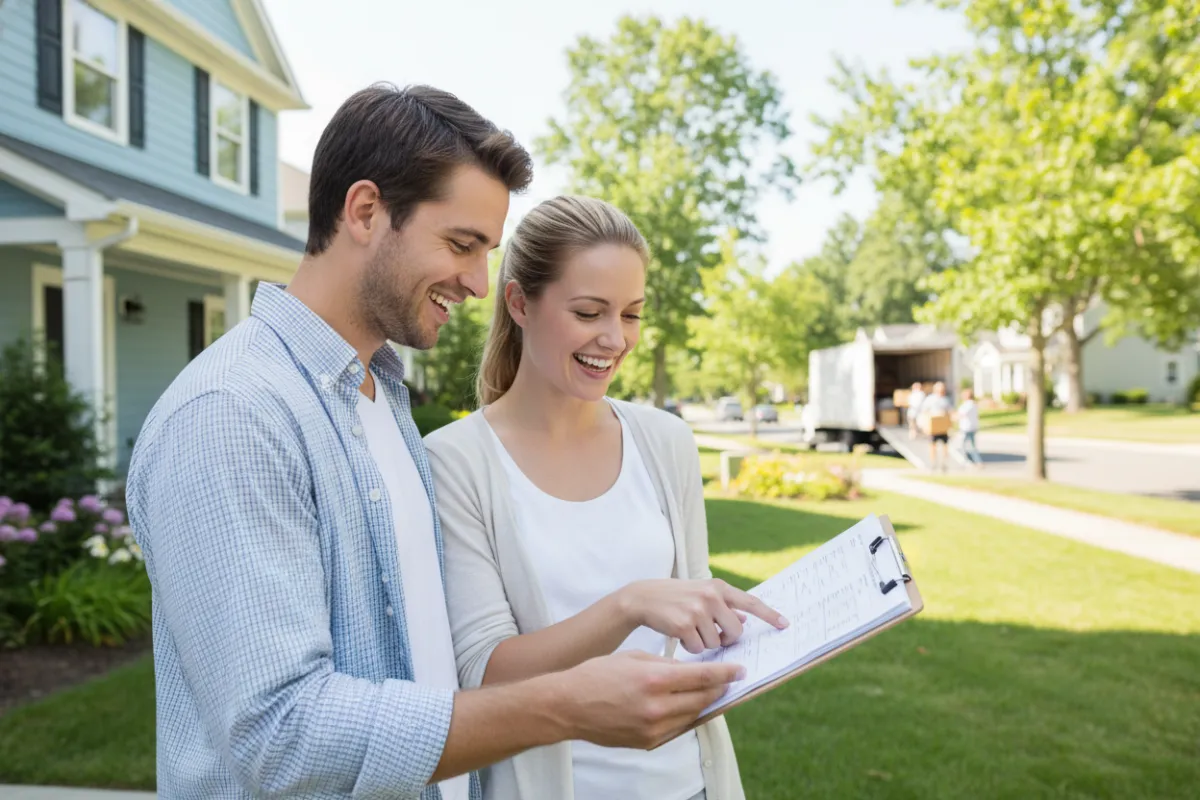 A cheerful young couple stands in front of a freshly painted home, holding a clipboard and reviewing a list of cash offers. The background shows a sunny suburban street, with green lawns and a moving truck nearby.