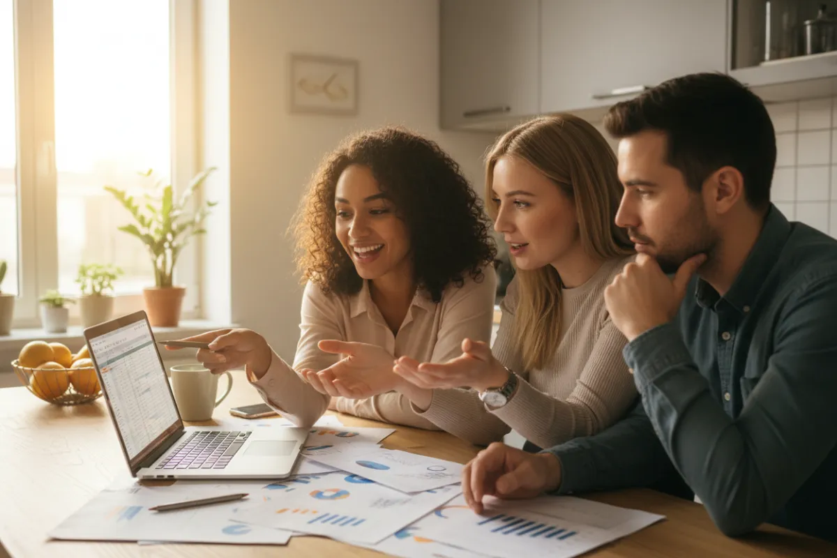 A diverse group of three people, two women and one man, sit at a kitchen table reviewing home sale offers on a laptop. Sunlight streams through a window, and paperwork is spread out, conveying collaboration and excitement.